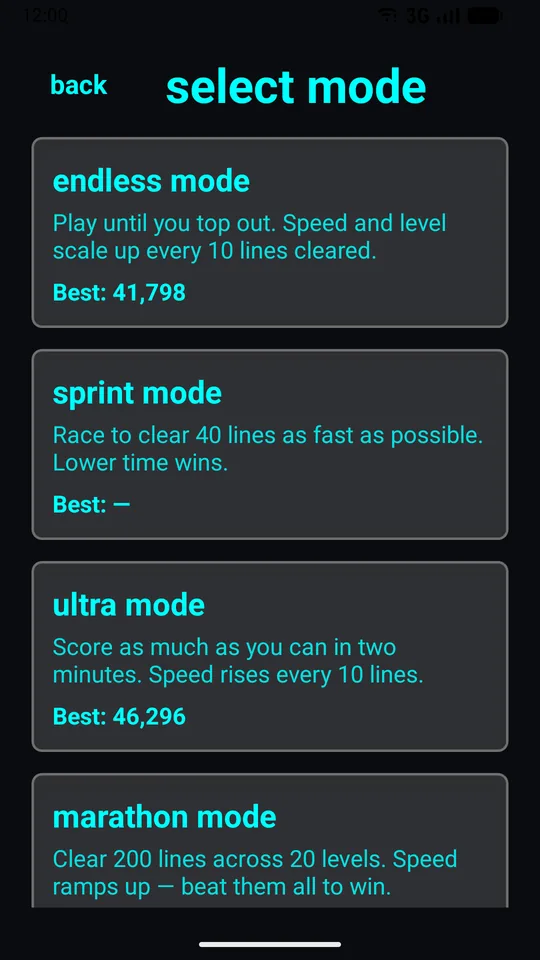 Mode select with personal bests