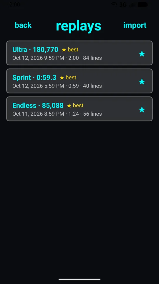 The Replays screen listing Ultra, Sprint and Endless runs